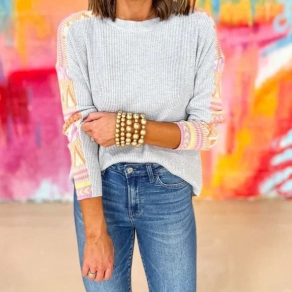 Fate Sweaters - Light Grey Contrast Aztec Knit Sleeve Sweater | FATE